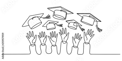 Continuous line drawing of students throwing graduation caps in the air