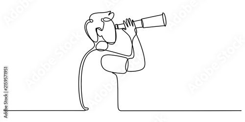 Continuous one line drawing of a man looking through a telescope