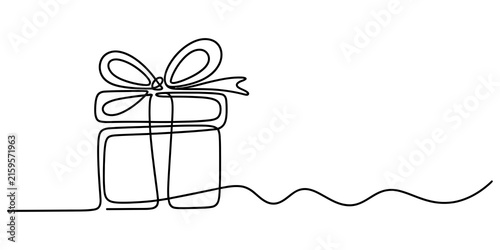 Continuous single line drawing of a gift box with a bow