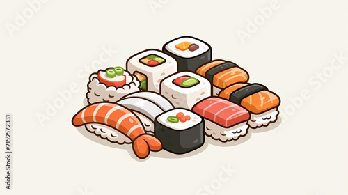 Salmon Tuna Shrimp and Maki Pieces in a Colorful Cartoon Food Set