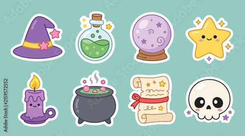 Vibrant magic themed vector graphic sticker collection featuring cute wizard accessories and mystical spooky Halloween elements