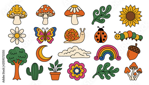 Set of cute retro hippie style nature stickers featuring mushrooms flowers insects and celestial elements on white