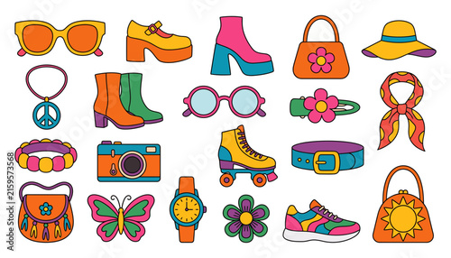 Set of colorful retro seventies fashion accessories and vintage items in a fun flat vector illustration style