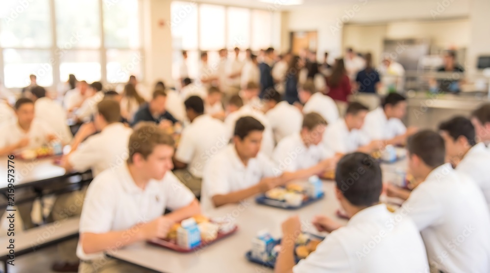 Obraz premium Group of students in white uniforms sitting at long tables in a school cafeteria eating lunch during a break in a bright and organized educational facility with many students present