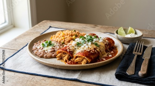 A plate of enchiladas with rice and beans on a wooden table with a blue and white napkin and silverware.