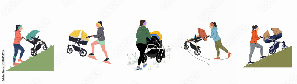 Fototapeta premium Flat design illustration set featuring mothers pushing baby strollers uphill on different inclines, depicting an active lifestyle and postpartum fitness.