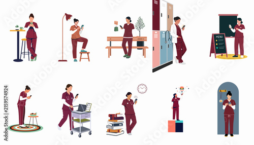 Collection of illustrations depicting a female nurse in maroon scrubs performing various professional and break-time activities in a healthcare setting.