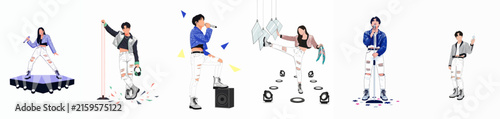 Obraz na plátně Stylized portrait of a K-pop boy band performing with microphones and musical equipment on a clean white background