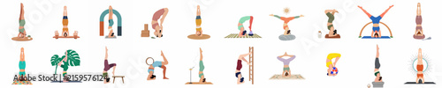 Collection of diverse yoga and handstand illustrations featuring people practicing various poses with props like chairs, blocks, and ladders for fitness and flexibility.