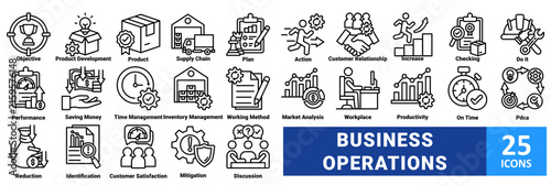 Business operations and efficiency icon set. Collection of supply chain, product development, performance, inventory management, market analysis, and PDCA icons. vector illustration with editable stro