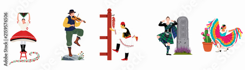 Set of diverse traditional folk dancers and musicians in cultural costumes from around the world, featuring Mexican, Scottish, and European styles.