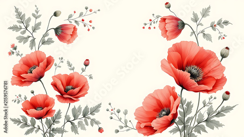 Watercolor red poppies and gray-green leaves forming an elegant botanical border