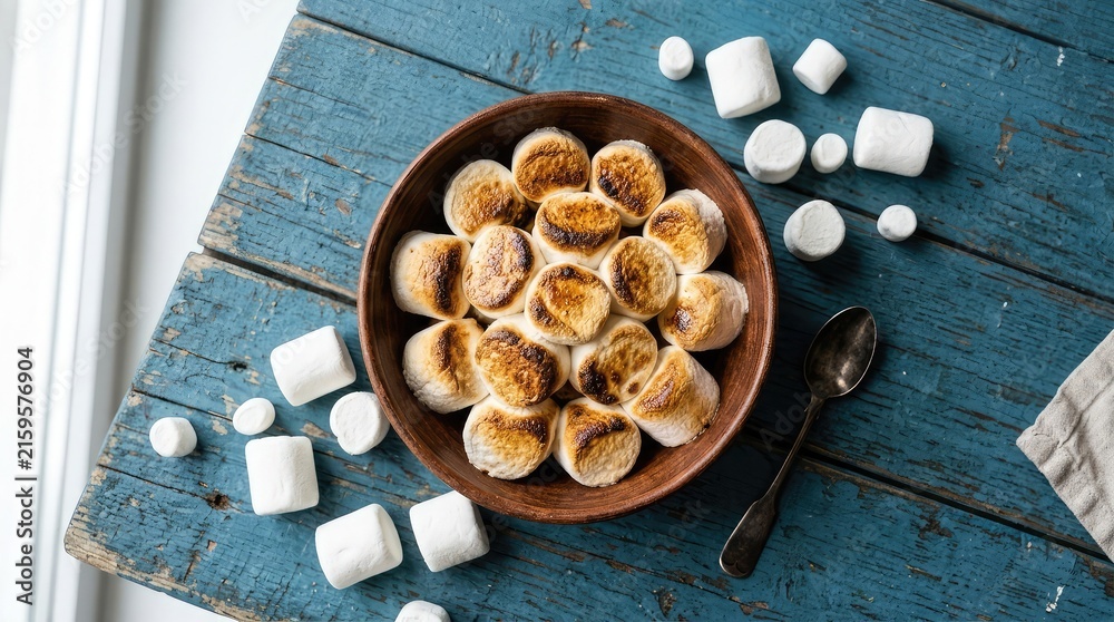 Fototapeta premium Bowl of golden toasted marshmallows on blue rustic wooden table with white marshmallows