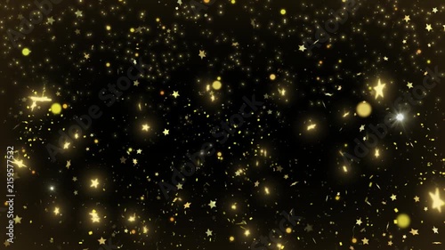 Golden stars and sparkling glitter particles illuminate a dark background for festive backdrop design.