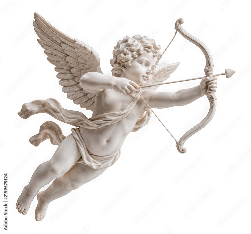 Fototapeta premium Marble statue of cupid with bow and arrow isolated on transparent background