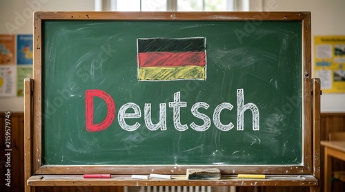 Educational chalkboard with the German flag and 'Deutsch' text, symbolizing the journey of learning the German language