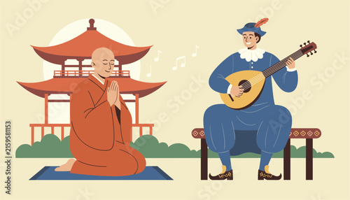 Foto Serene Buddhist monk prays in front of an ancient temple pagoda while a medieval minstrel plays a lute nearby