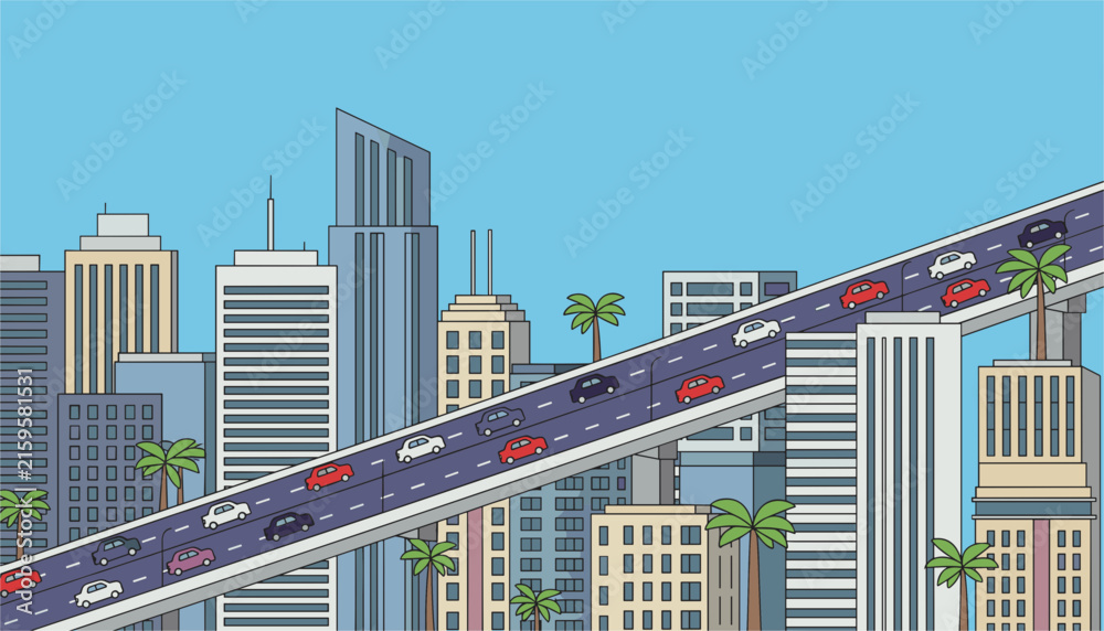 Fototapeta premium Busy elevated highway with colorful cars weaving through a modern city skyline with skyscrapers and palm trees under a clear blue sky.