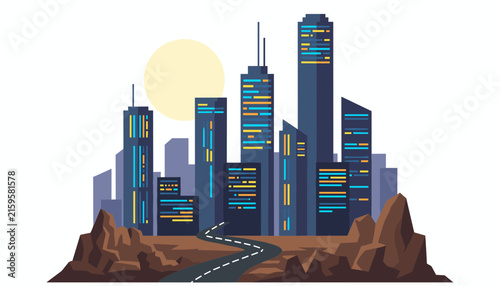 Futuristic city skyline with tall glowing skyscrapers, winding road, rocky landscape, and a large full moon in a clean vector style.