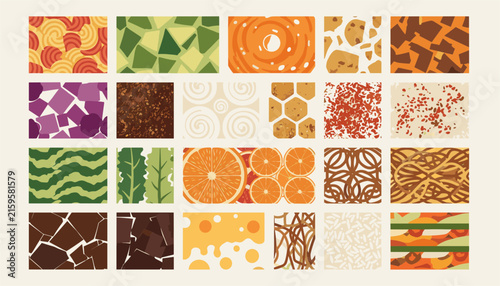 Colorful grid showing various stylized food textures and seamless patterns representing healthy meals, snacks, fruits, and desserts.