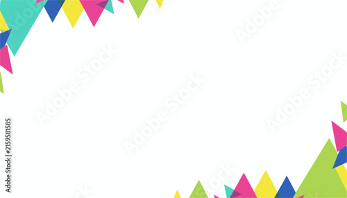 Abstract geometric frame with colorful translucent triangles creating a festive border on a clean white background.