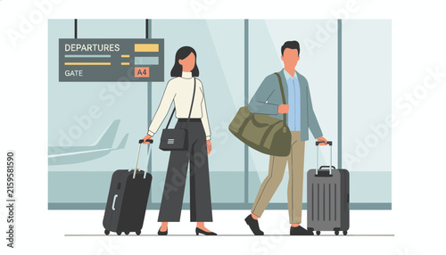 Young man and woman carrying travel bags and pulling luggage while walking through a modern airport departures terminal.