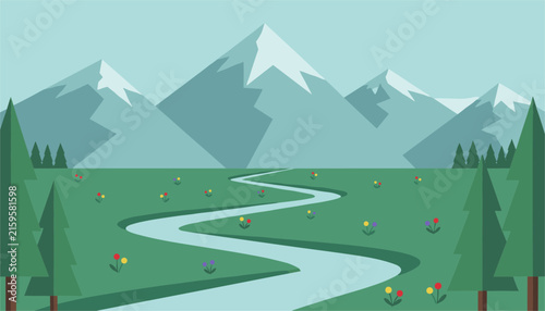 Peaceful mountain landscape featuring snow capped peaks, a winding blue river running through a green meadow, and pine trees.