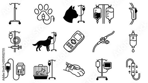 Veterinary IV infusion therapy and medical equipment icon set for animal clinics and pet healthcare
