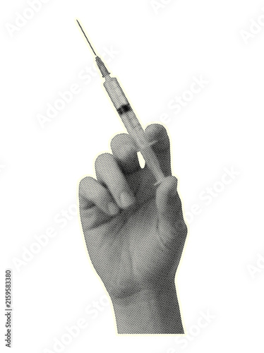 Retro halftone hand holding syringe on transparent background