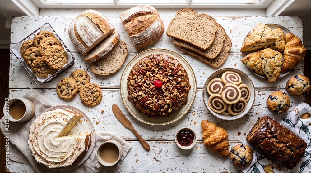 Fototapeta premium Top-down overhead of a rustic wooden table laden with assorted baked goods, round nut and cherry cake center, frosted cake with slice removed, coffee cups, cinnamon rolls, croissant, scones, muffins, 