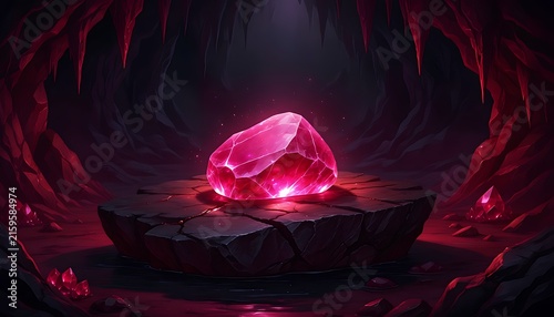 Glowing red ruby crystal in dark cave, mystical crimson gemstone on stone pedestal, magical fantasy jewel in underground cavern
