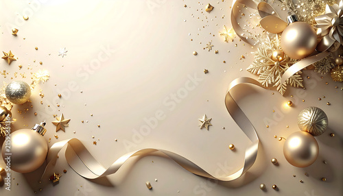 Elegant golden Christmas background with baubles ribbon stars and copy space for holiday greeting card