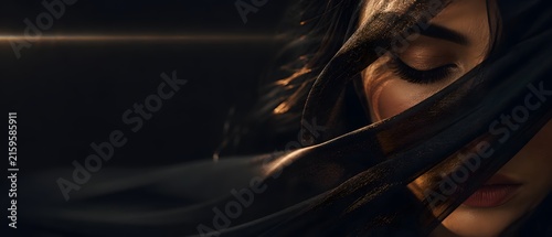 Close up portrait of beautiful young Arabic Asian woman face covered in flowing black transparent silk veil chiffon hijab, luxury Middle Eastern fashion and dark moody conceptual fine art 