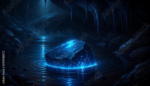 Glowing blue crystal rock in dark underground cave, mystical bioluminescent stone in water, magical fantasy cavern with stalactites