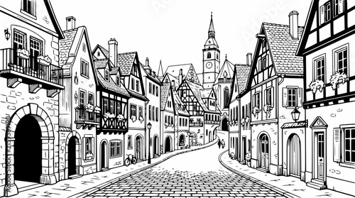 Charming European Old Town Street Scene - Black and White Sketch