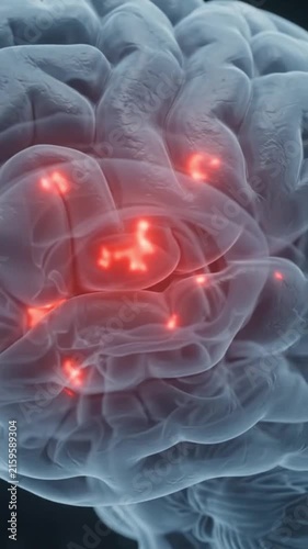 Human brain with a glowing red pinpoint focus on vertical neural inflammation or brain activity, ideal for neuroscience, Alzheimer's research, stroke awareness, and medical stock video assets.