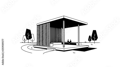 Modern minimalist pavilion with trees and path, architectural illustration