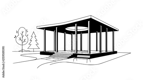 Modern Pavilion Sketch - Open Air Structure with Columns and Steps