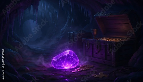 Glowing purple crystal in dark cave, treasure chest with gold coins in underground cavern, magical fantasy dungeon background