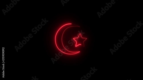 Neon Crescent Moon and Star neon icon animation depicting the Islamic symbol of a crescent moon and star on a black background, 4k video.motion..