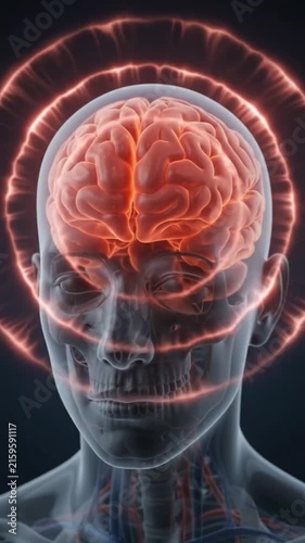 Human head with a glowing orange brain emitting intense electrical energy arcs and lightning bursts, ideal for visual representations of migraines, high neural activity, epilepsy, mental stress.