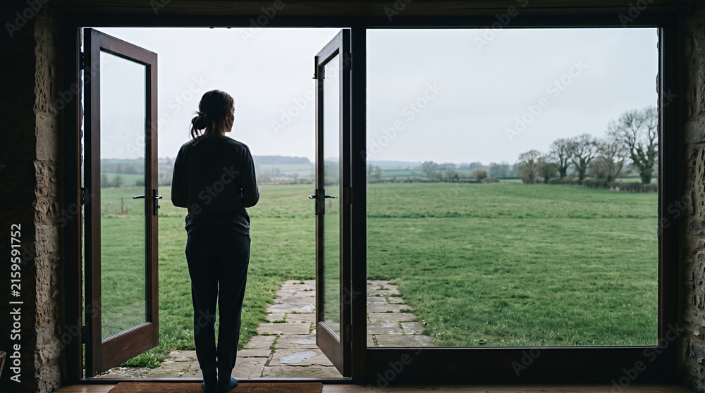 Fototapeta premium Woman standing alone at open doorway viewing peaceful rural landscape