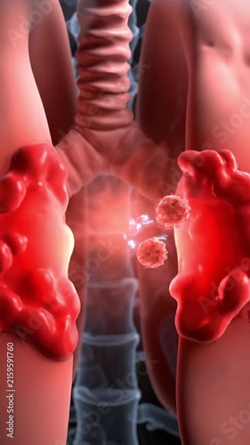 Human lungs with inflamed tissue, infected regions, and glowing viral particles interacting with immune response cells inside a transparent ribcage, ideal for pulmonology, respiratory health, medical