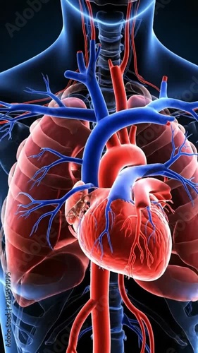 Human chest anatomy with detailed heart, lungs, and main blood vessels glowing against a dark blue background, ideal for cardiology, pulmonology, circulatory system education, and medical stock video 