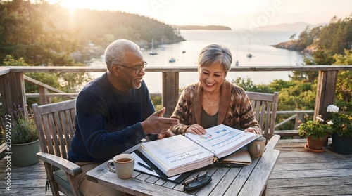 Senior couple reviewing financial planning documents on outdoor terrace at sunset. Retirement, investment, and future security concept.