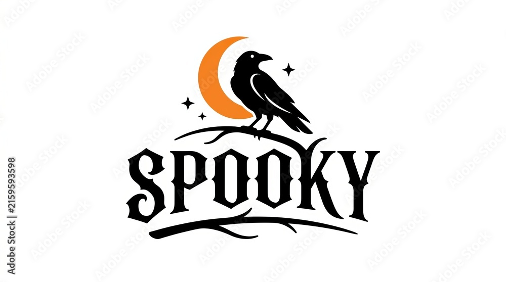 Naklejka premium Black raven perched on stylized orange halloween-themed lettering spelling 