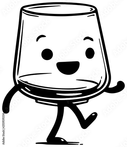 Friendly whiskey glass cartoon character walking with happy face with walking smile illustration animation emotion playful graphic symbol with funny