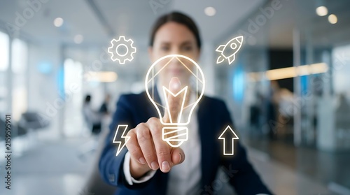 Professional woman touching glowing lightbulb digital interface in bright office interior hand finger touch technology.
