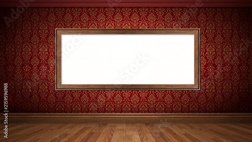 Ornate vintage picture frame hanging on red damask patterned wallpaper
