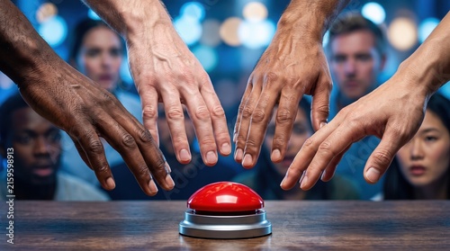 Diverse group of people competing to press a red buzzer in a high-stakes game show challenge